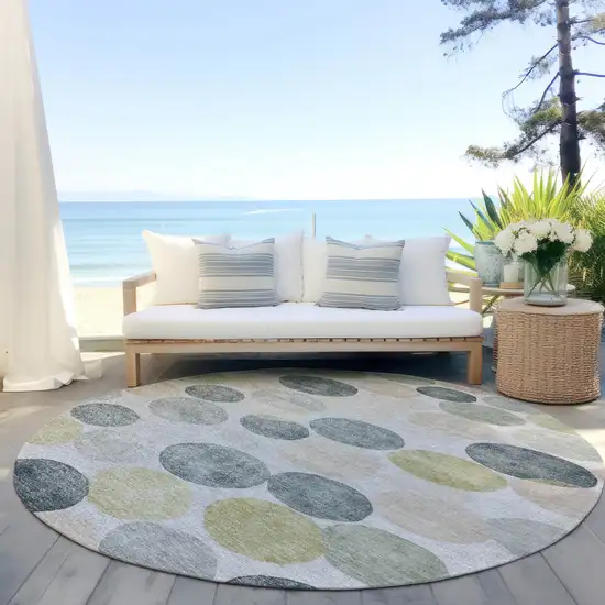8' Gray Fern Green And Gold Round Geometric Washable Indoor Outdoor Area Rug Photo 5