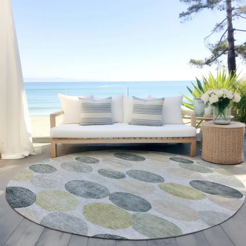 8' Gray Fern Green And Gold Round Geometric Washable Indoor Outdoor Area Rug Photo 5