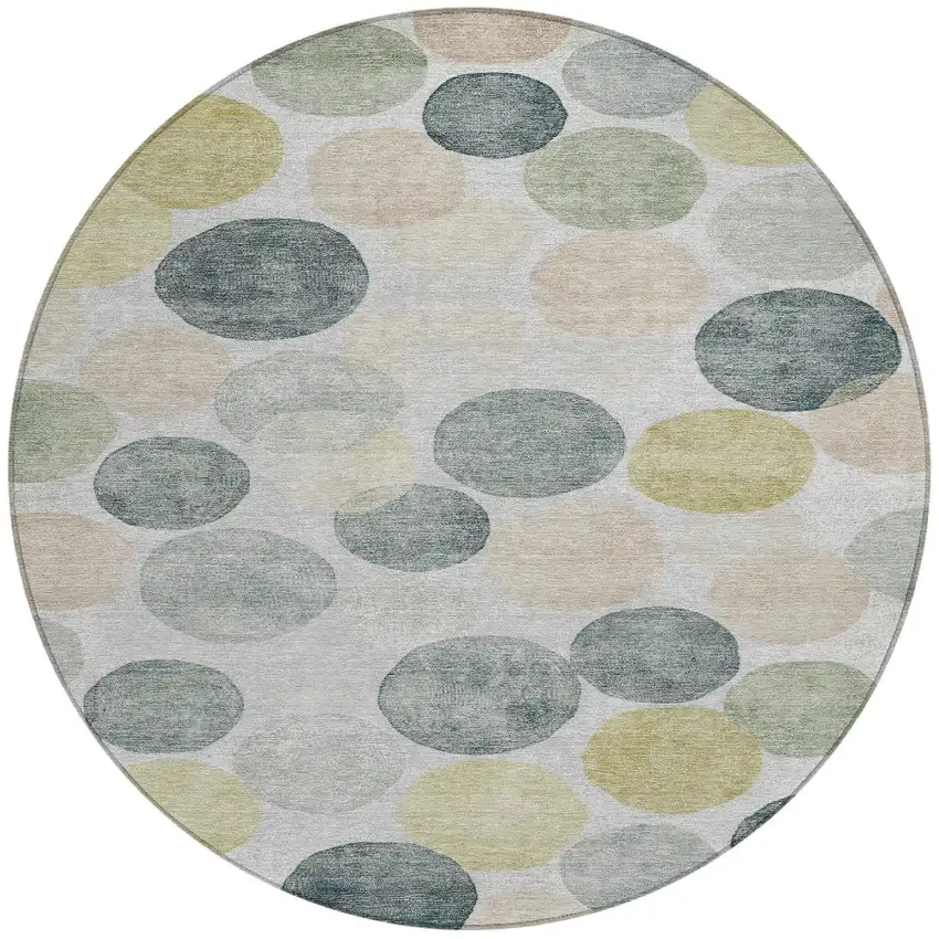 8' Gray Fern Green And Gold Round Geometric Washable Indoor Outdoor Area Rug Photo 3