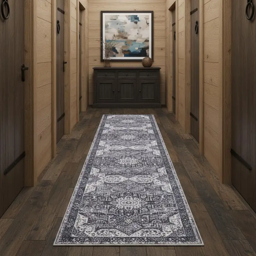 10' Gray Floral Distressed Runner Rug Photo 1