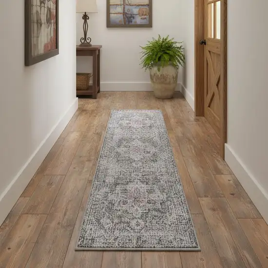 12' Gray Floral Distressed Runner Rug Photo 1