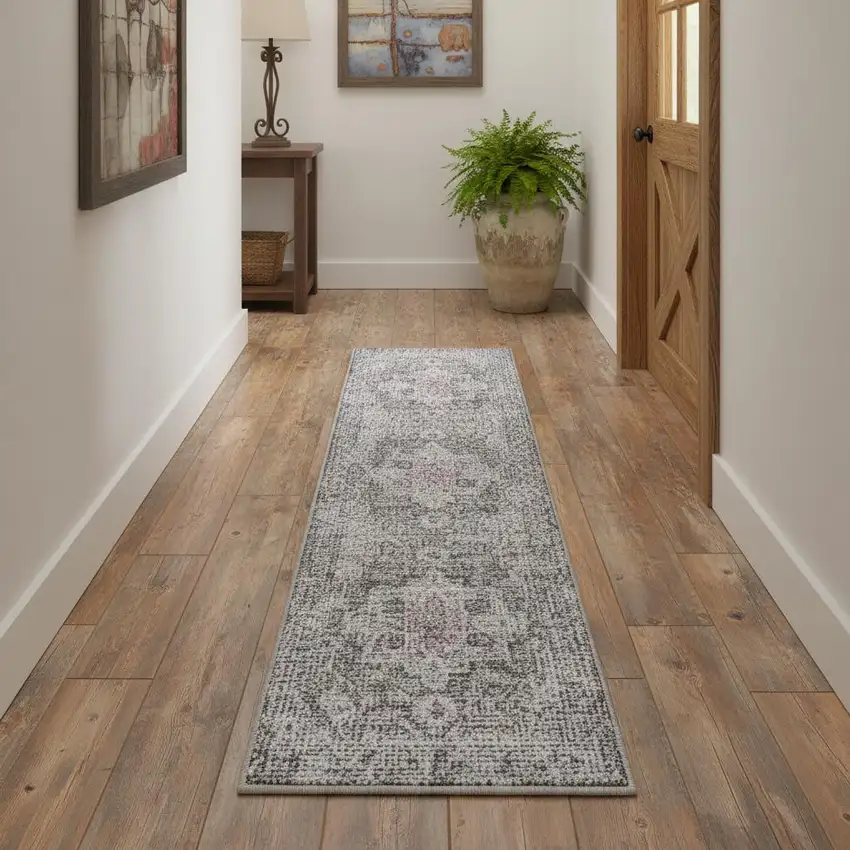 12' Gray Floral Distressed Runner Rug Photo 1