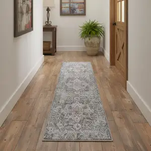 Photo of 12' Gray Floral Distressed Runner Rug