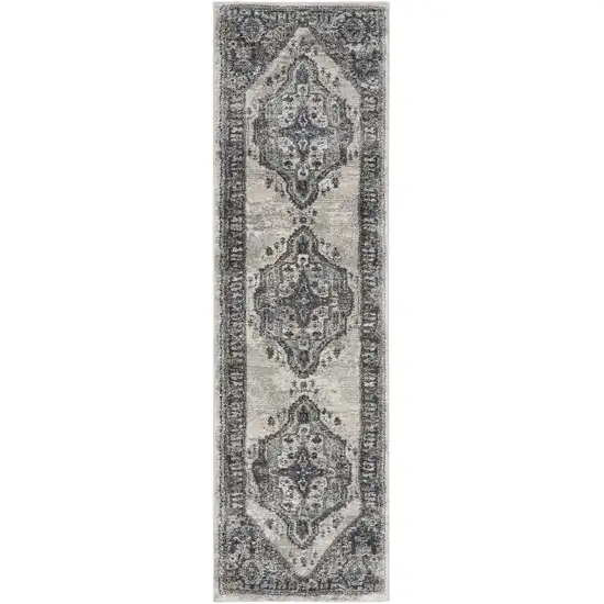 8' Teal Ivory And Gray Floral Medallion Distressed Runner Rug Photo 1