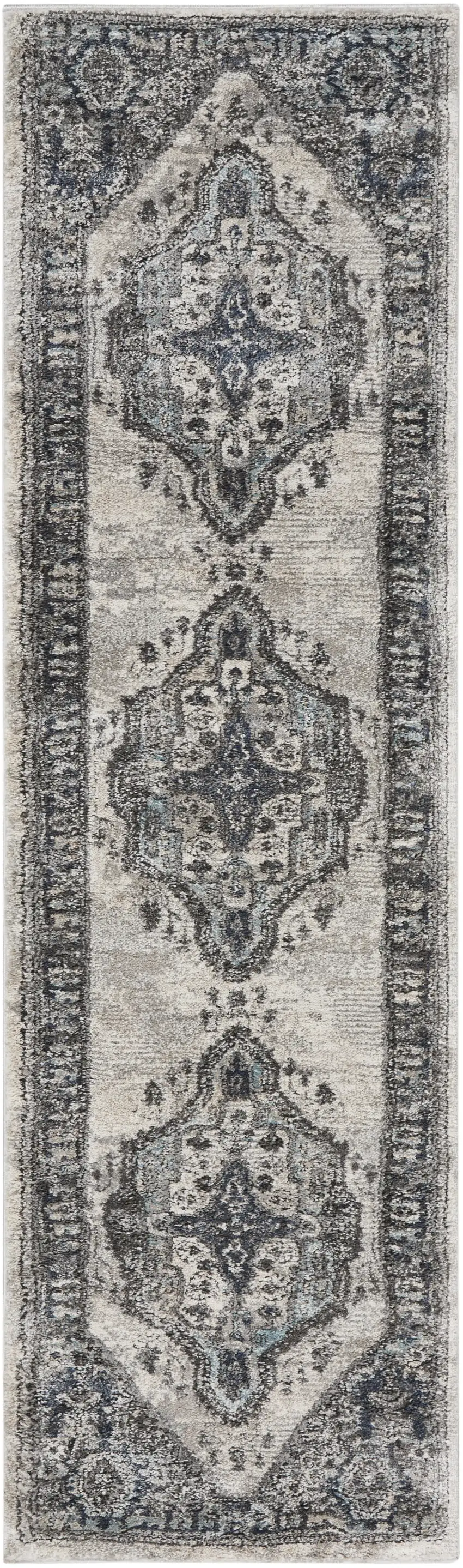 8' Teal Ivory And Gray Floral Medallion Distressed Runner Rug Photo 1