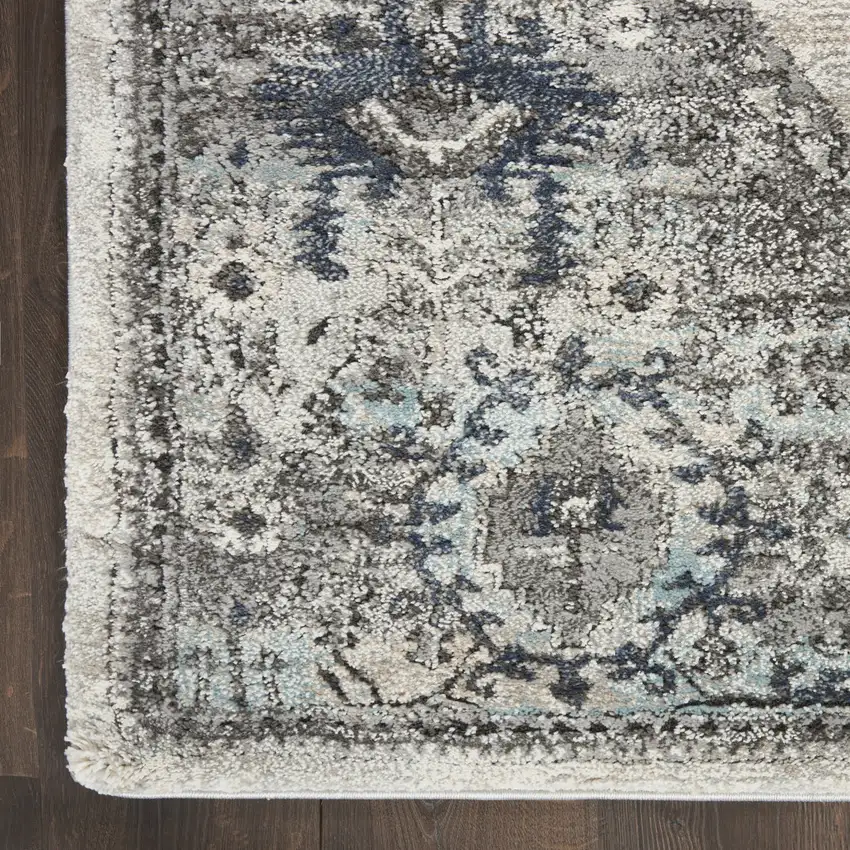 8' Teal Ivory And Gray Floral Medallion Distressed Runner Rug Photo 9