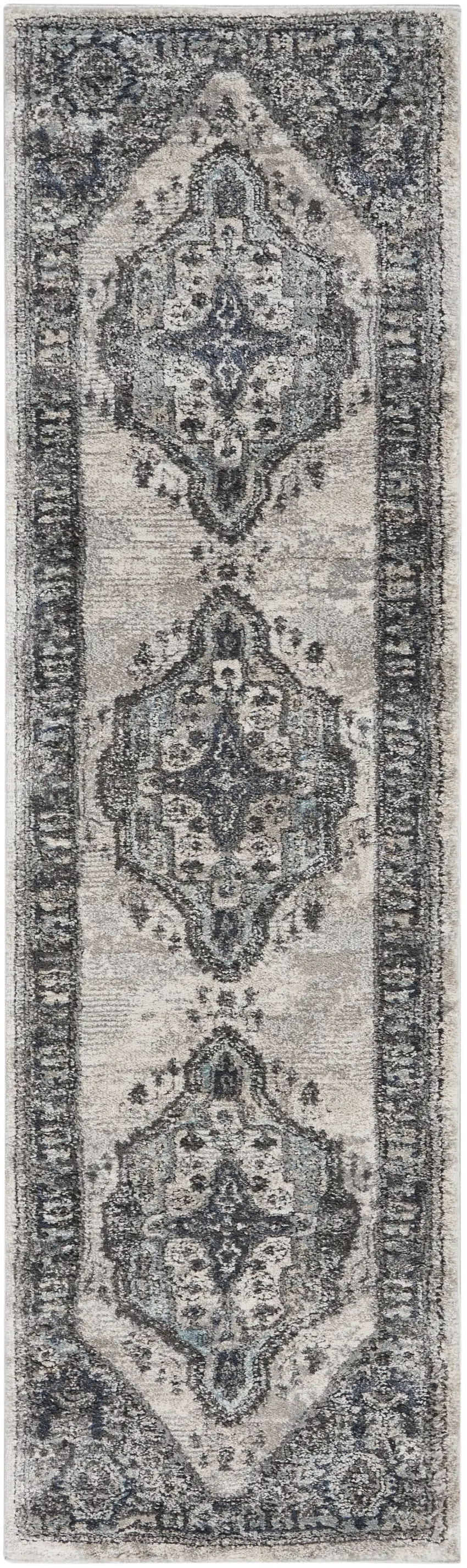 8' Gray Floral Power Loom Distressed Runner Rug Photo 4