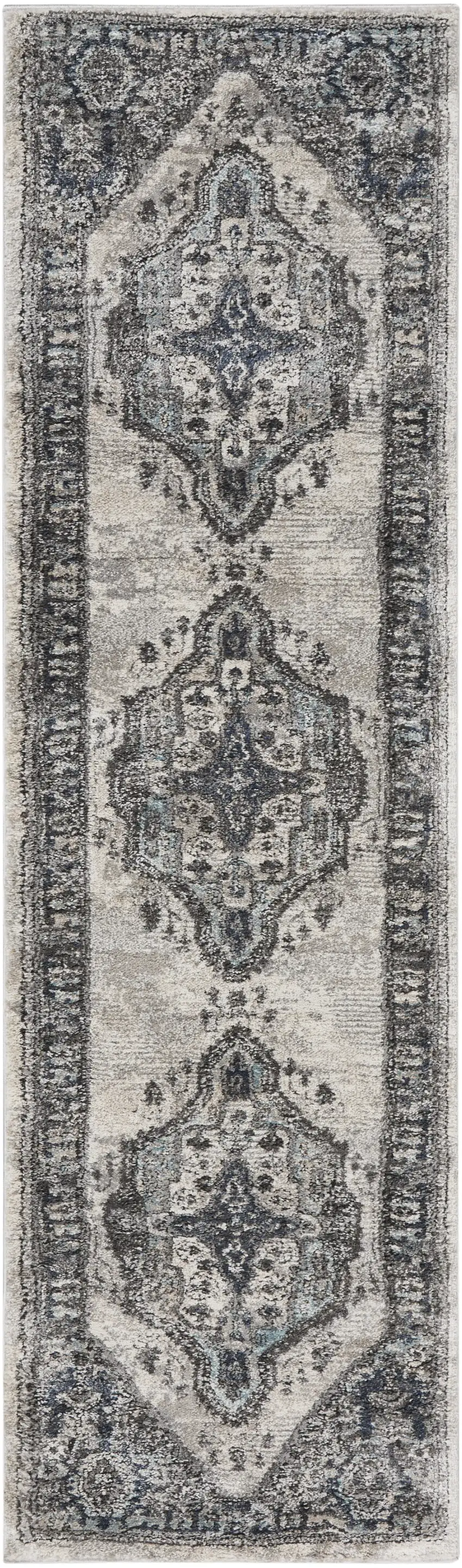 8' Gray Floral Power Loom Distressed Runner Rug Photo 2