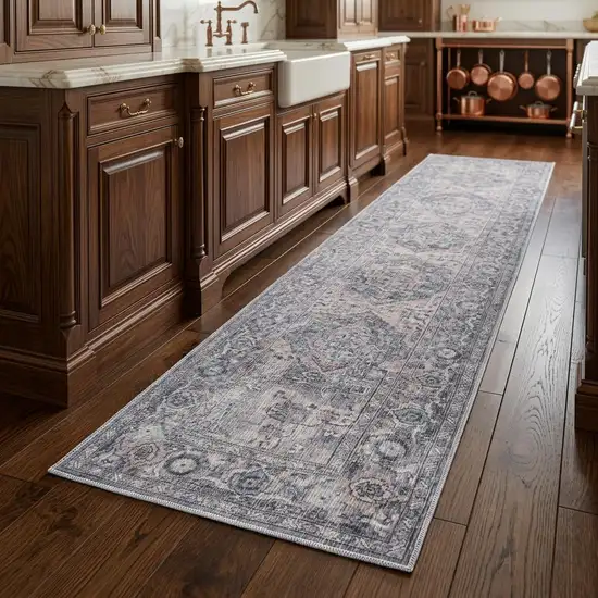 8' Gray Floral Power Loom Distressed Washable Runner Rug Photo 1