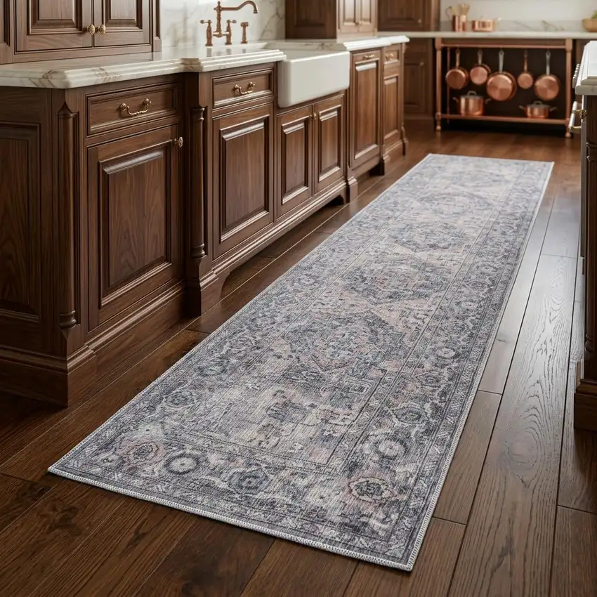 8' Gray Floral Power Loom Distressed Washable Runner Rug Photo 1