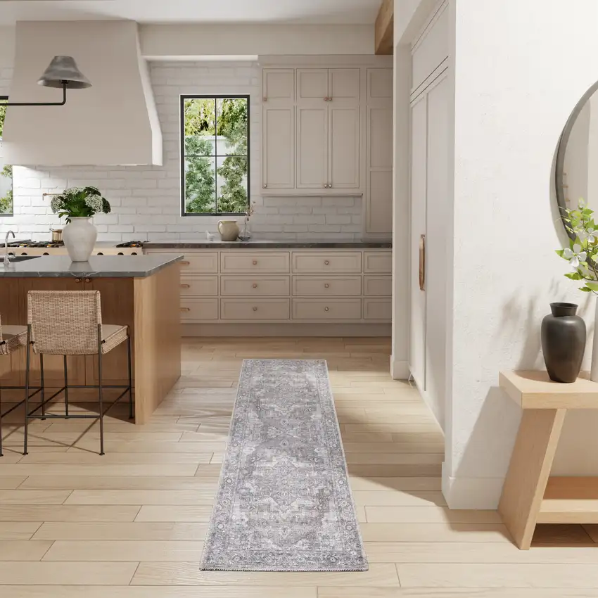 8' Gray Floral Power Loom Distressed Washable Runner Rug Photo 4