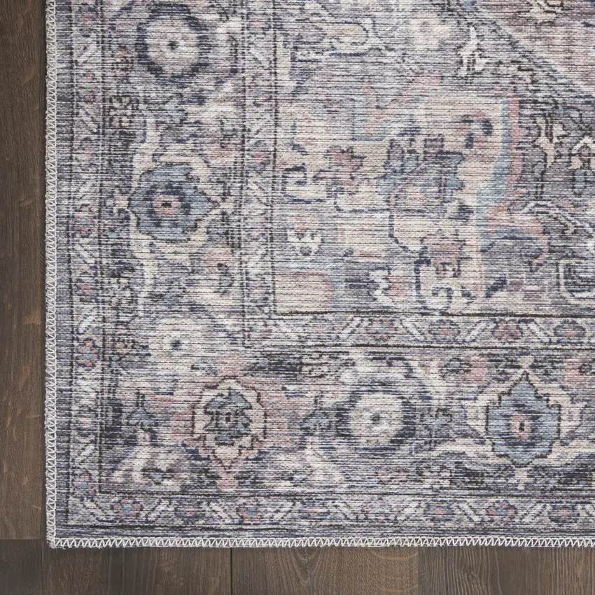8' Gray Floral Power Loom Distressed Washable Runner Rug Photo 6