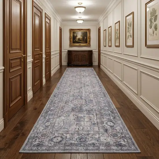 10' Gray Floral Power Loom Distressed Washable Runner Rug Photo 1