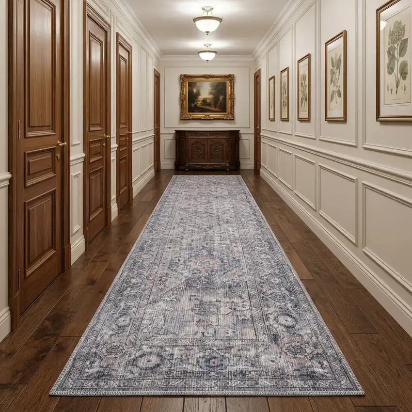 10' Gray Floral Power Loom Distressed Washable Runner Rug Photo 1