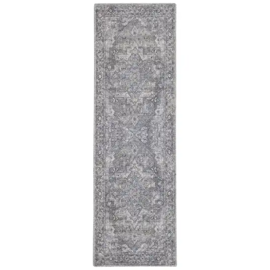 10' Gray Floral Power Loom Distressed Washable Runner Rug Photo 2