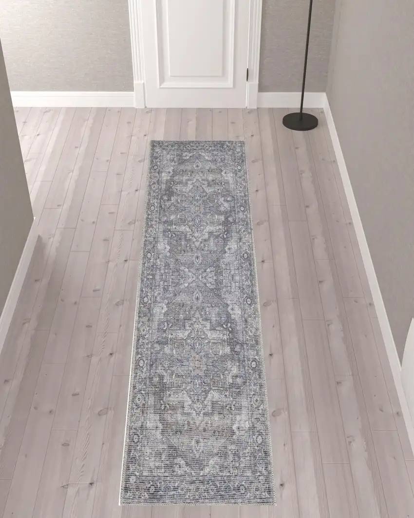 10' Gray Floral Power Loom Distressed Washable Runner Rug Photo 2