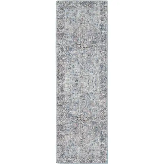8' Gray Floral Power Loom Distressed Washable Runner Rug Photo 3