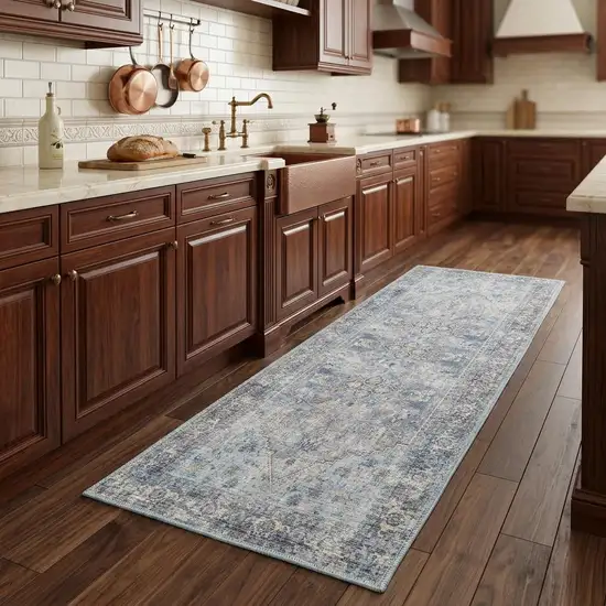 8' Gray Floral Power Loom Distressed Washable Runner Rug Photo 1