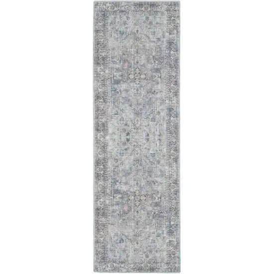 8' Gray Floral Power Loom Distressed Washable Runner Rug Photo 2