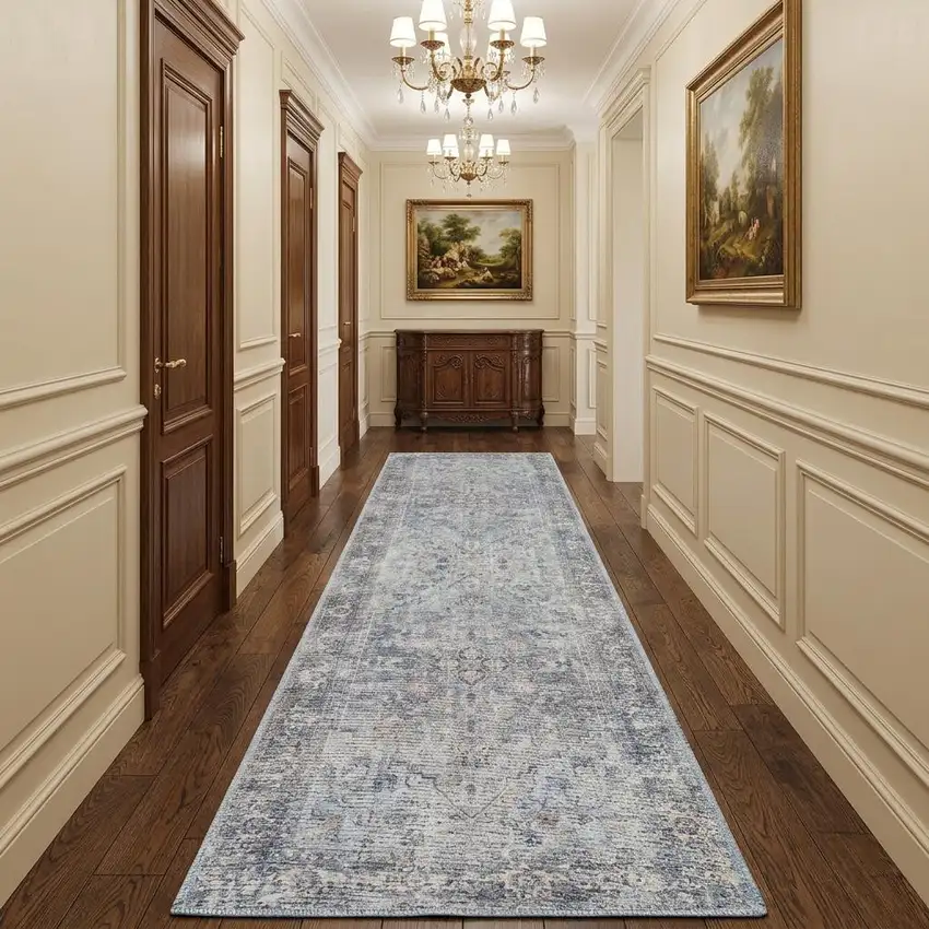 10' Gray Floral Power Loom Distressed Washable Runner Rug Photo 1