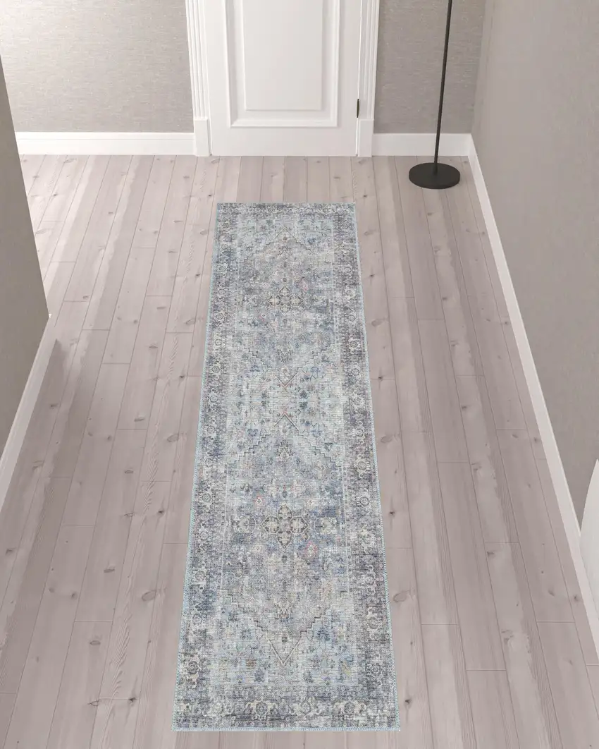 10' Gray Floral Power Loom Distressed Washable Runner Rug Photo 2