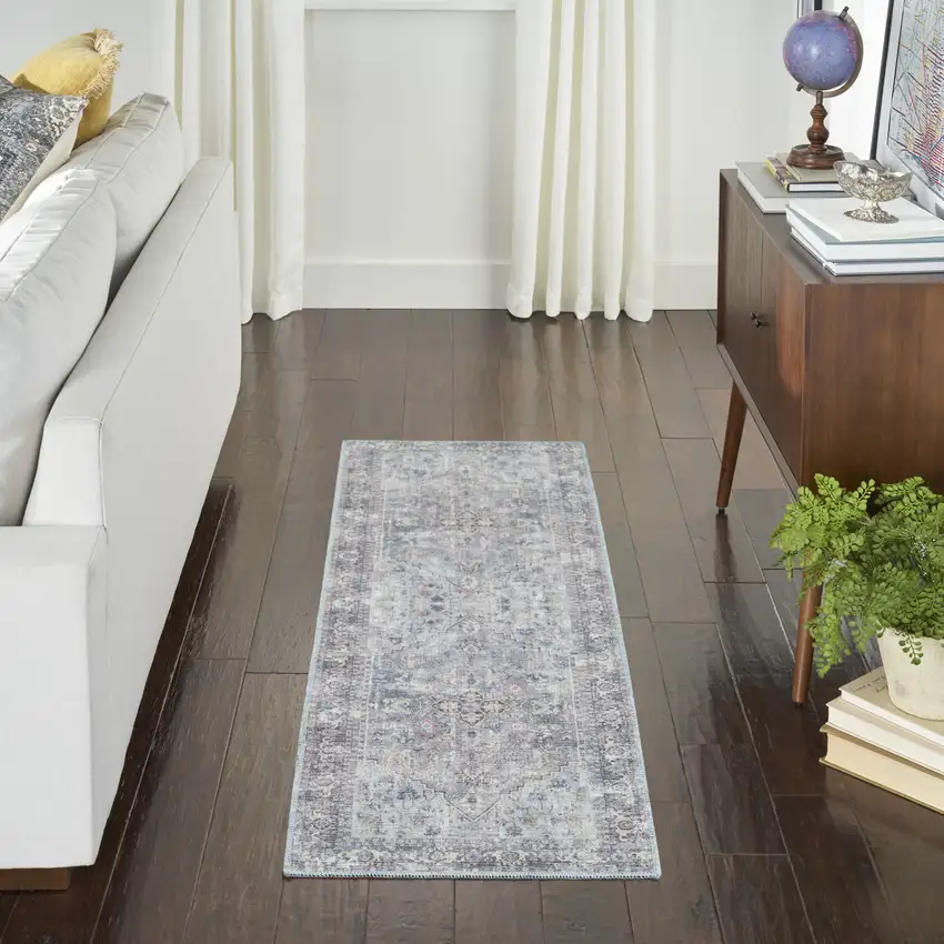 10' Gray Floral Power Loom Distressed Washable Runner Rug Photo 5