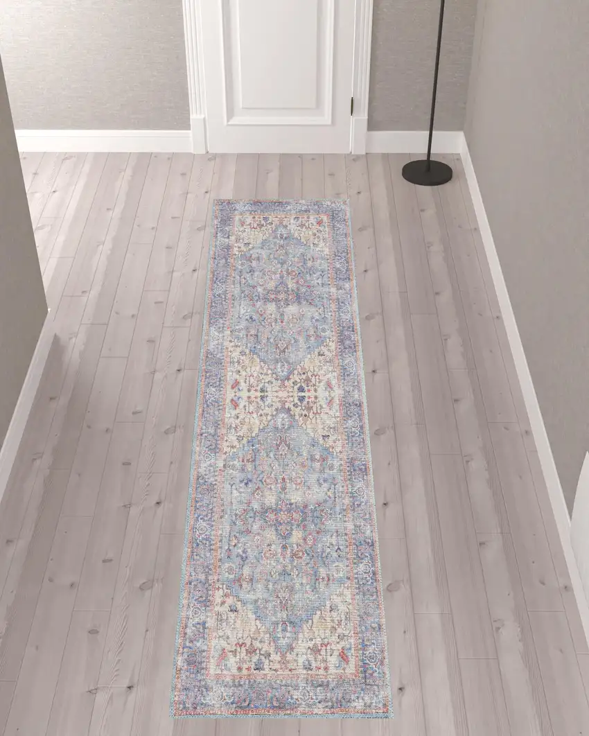 10' Gray Floral Power Loom Distressed Washable Runner Rug Photo 2