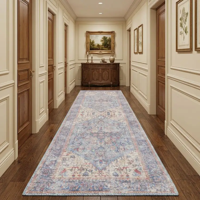 10' Gray Floral Power Loom Distressed Washable Runner Rug Photo 1