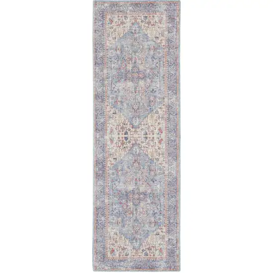 8' Gray Floral Power Loom Distressed Washable Runner Rug Photo 2