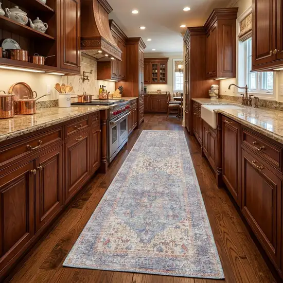 8' Gray Floral Power Loom Distressed Washable Runner Rug Photo 1