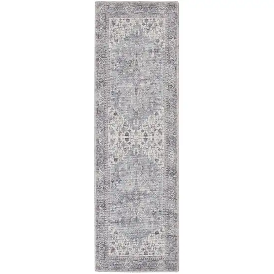 8' Gray Floral Power Loom Distressed Washable Runner Rug Photo 2
