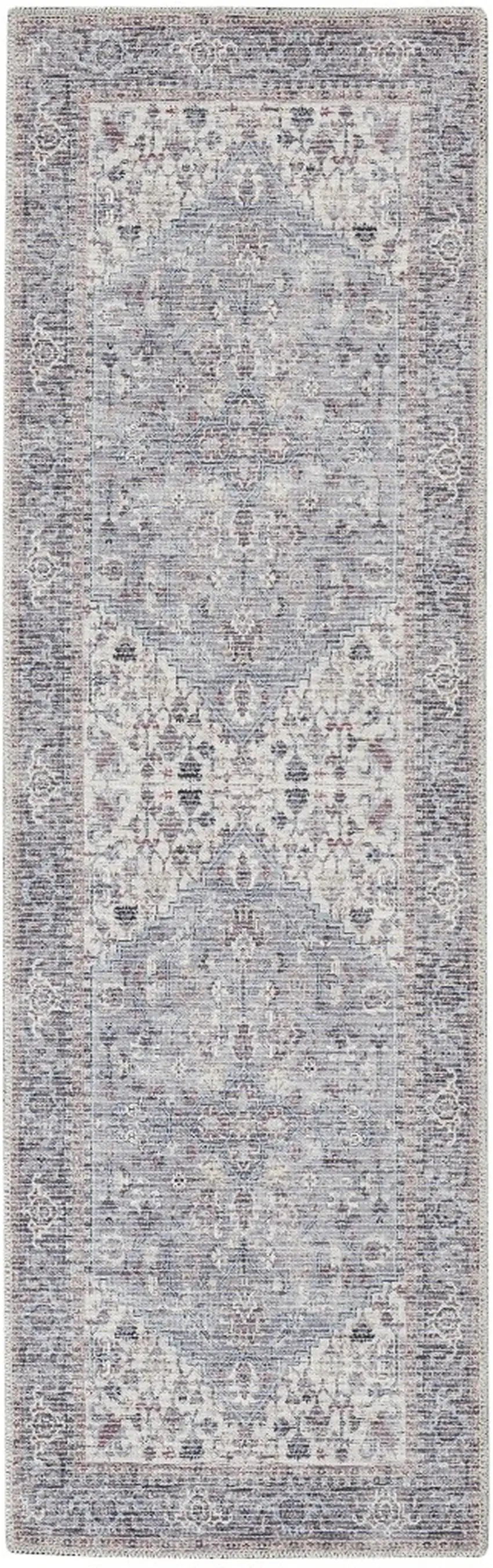 8' Gray Floral Power Loom Distressed Washable Runner Rug Photo 2