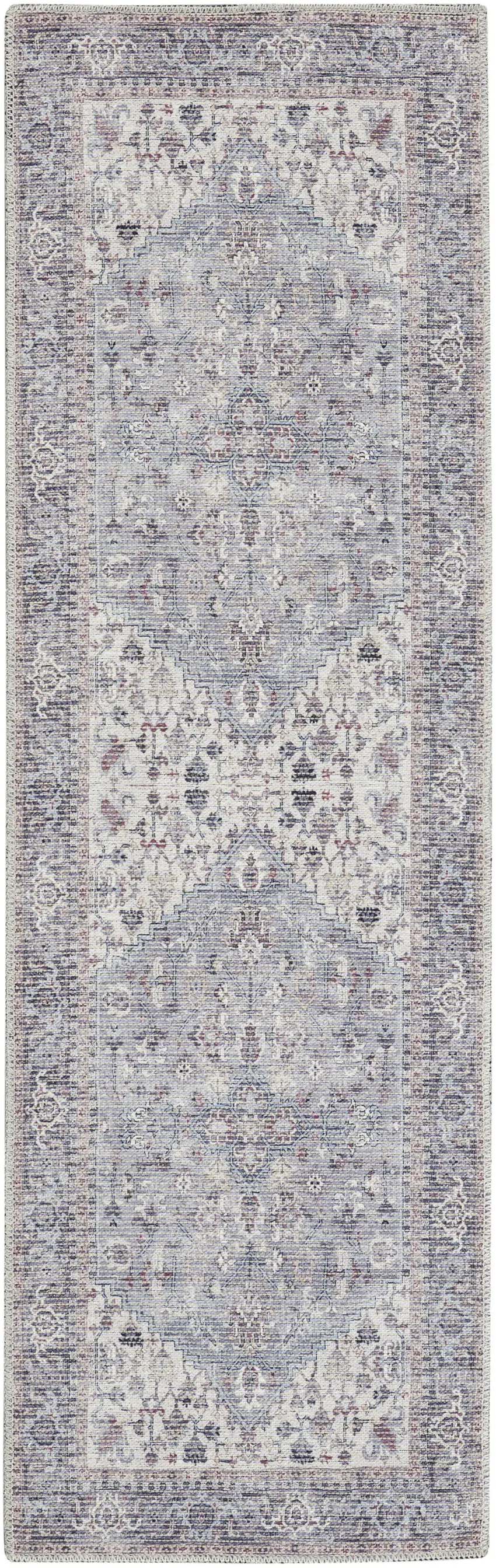 8' Gray Floral Power Loom Distressed Washable Runner Rug Photo 4