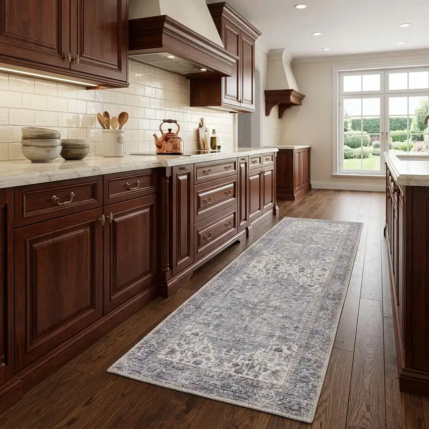 8' Gray Floral Power Loom Distressed Washable Runner Rug Photo 1