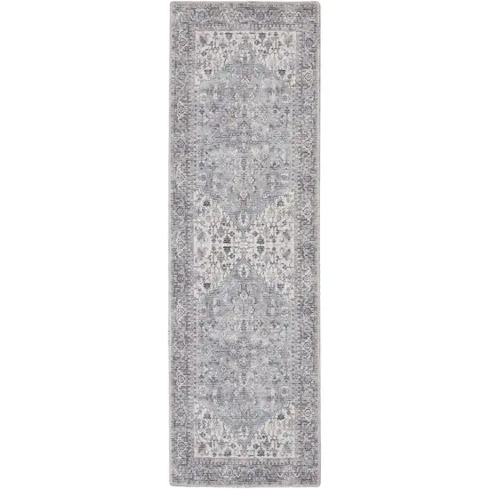 8' Gray Floral Power Loom Distressed Washable Runner Rug Photo 3