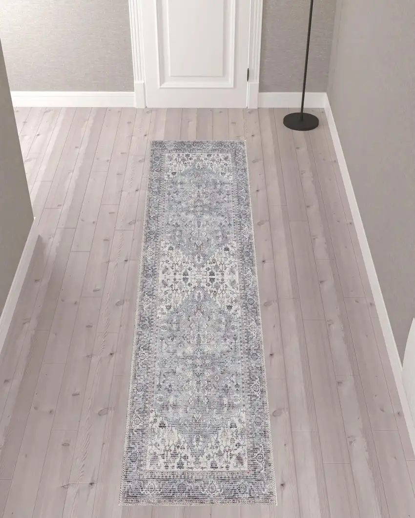 10' Gray Floral Power Loom Distressed Washable Runner Rug Photo 2