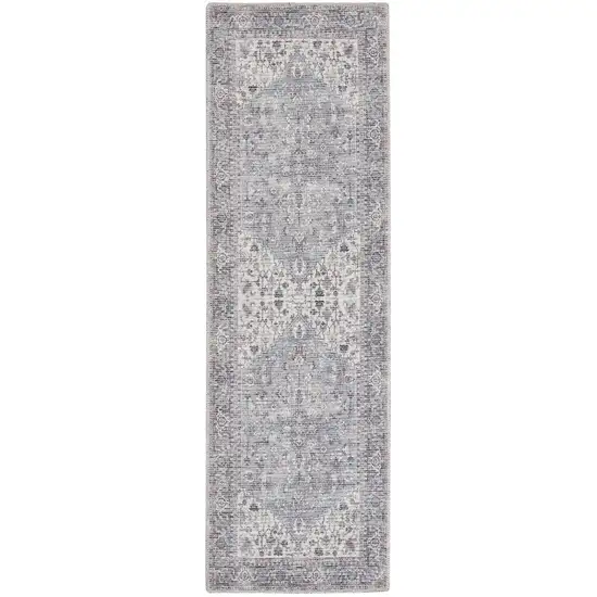 10' Gray Floral Power Loom Distressed Washable Runner Rug Photo 2