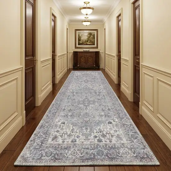 10' Gray Floral Power Loom Distressed Washable Runner Rug Photo 1