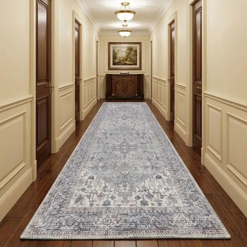 10' Gray Floral Power Loom Distressed Washable Runner Rug Photo 1