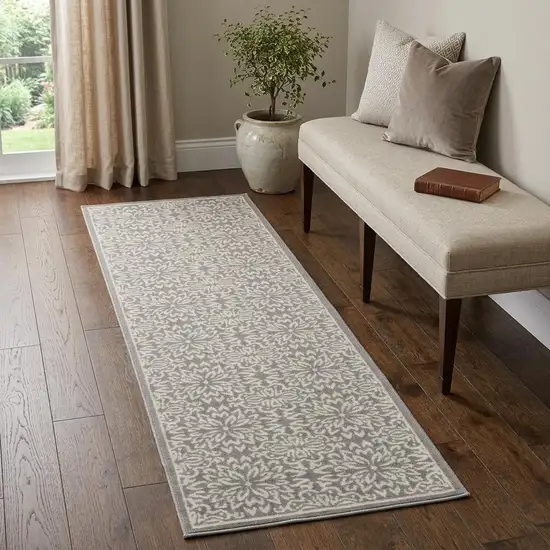 7' Gray Floral Power Loom Runner Rug Photo 1