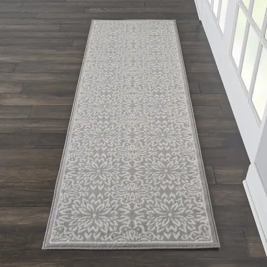 7' Gray Floral Power Loom Runner Rug Photo 9