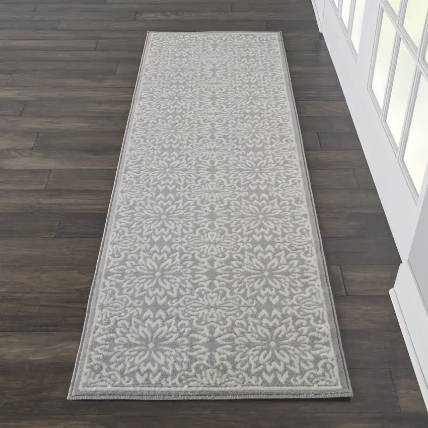 7' Gray Floral Power Loom Runner Rug Photo 9
