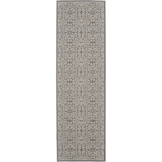 7' Gray Floral Power Loom Runner Rug Photo 2