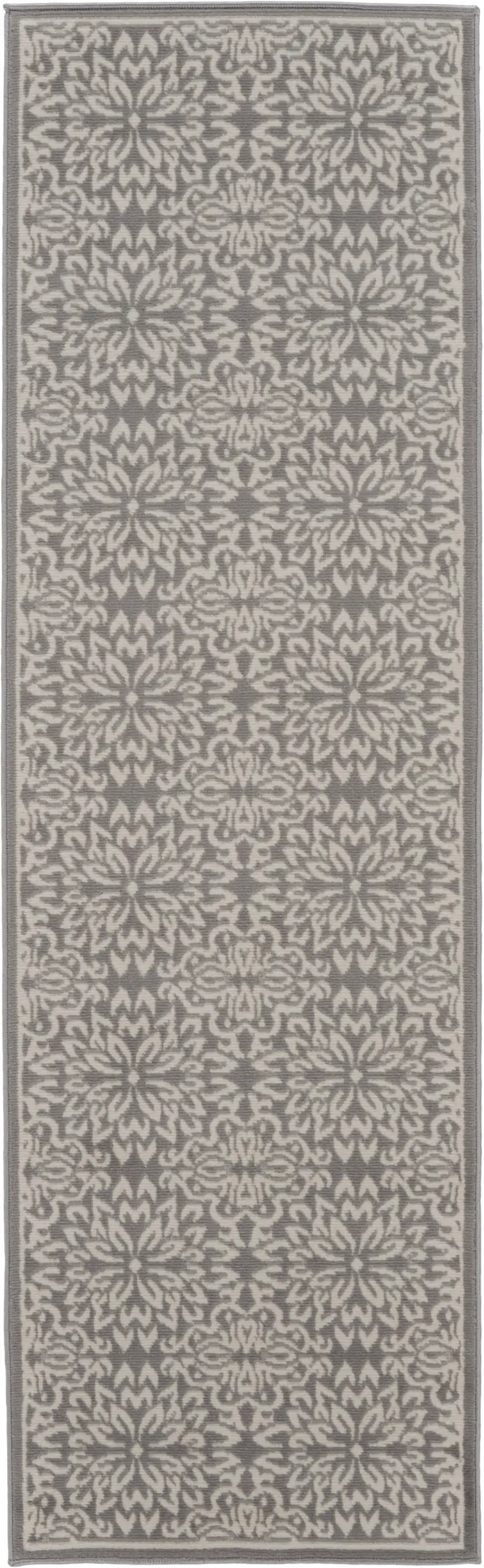7' Gray Floral Power Loom Runner Rug Photo 2