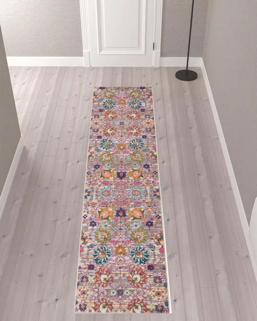 10' Gray Floral Power Loom Runner Rug Photo 2