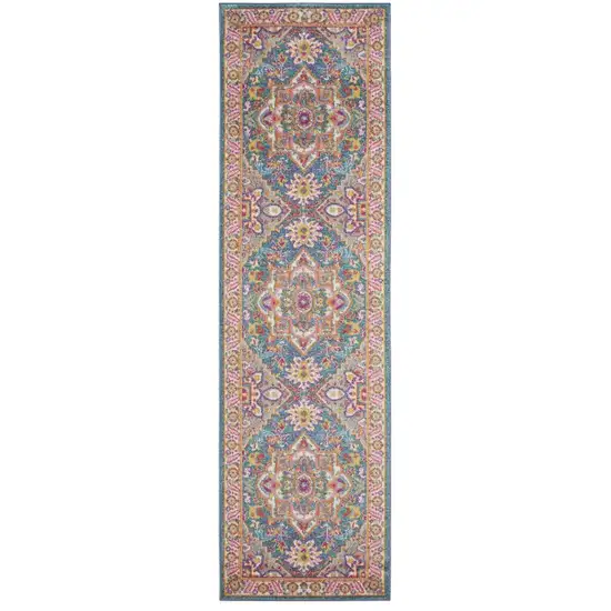 10' Gray Floral Power Loom Runner Rug Photo 2