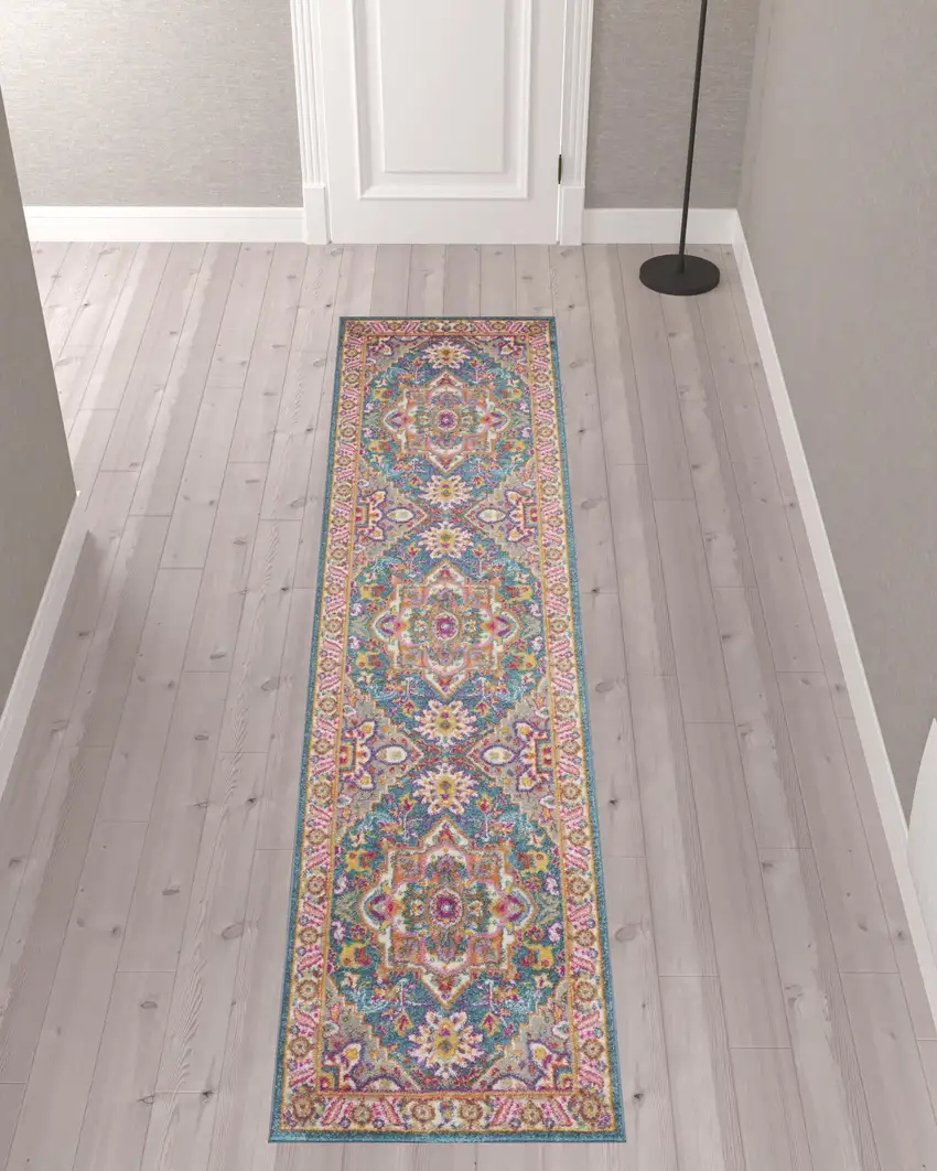 10' Gray Floral Power Loom Runner Rug Photo 2