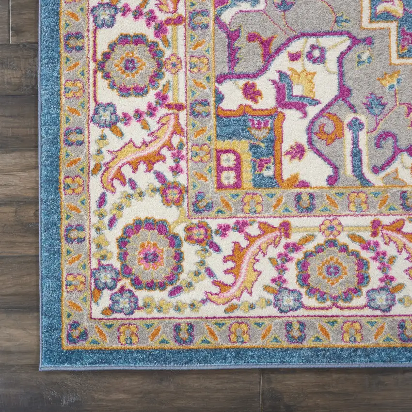 10' Gray Floral Power Loom Runner Rug Photo 9