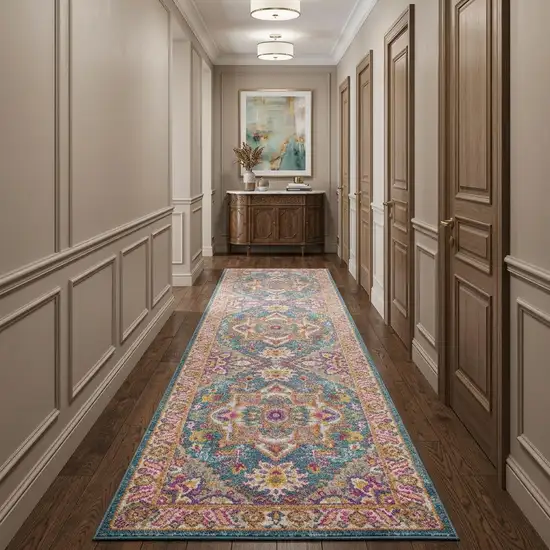 10' Gray Floral Power Loom Runner Rug Photo 1