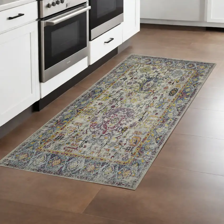 8' Gray Floral Power Loom Runner Rug Photo 1